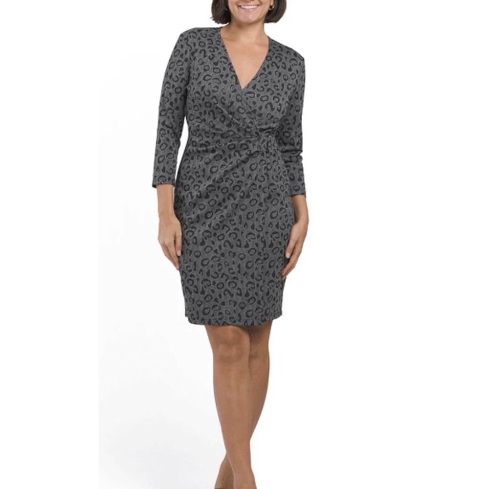 Anne Klein Women's 14 Faux Wrap Dress Knee Length Gray Black Animal Print Office